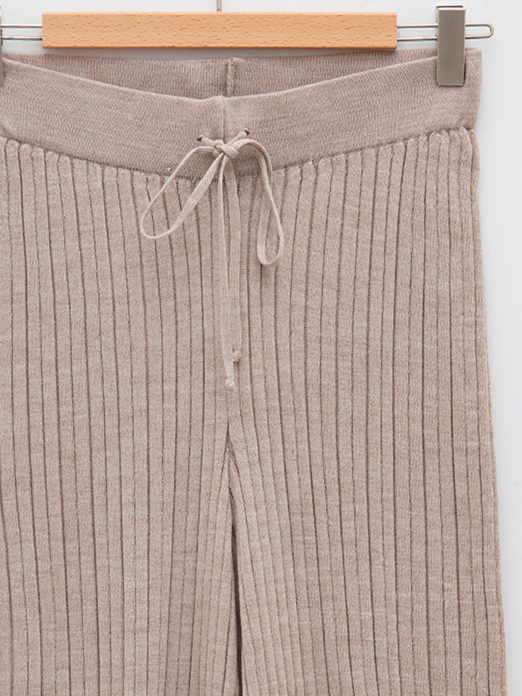 Bej Yüksek Bel Standart Fit İspanyol Paça Kadın Triko Pantolon-7