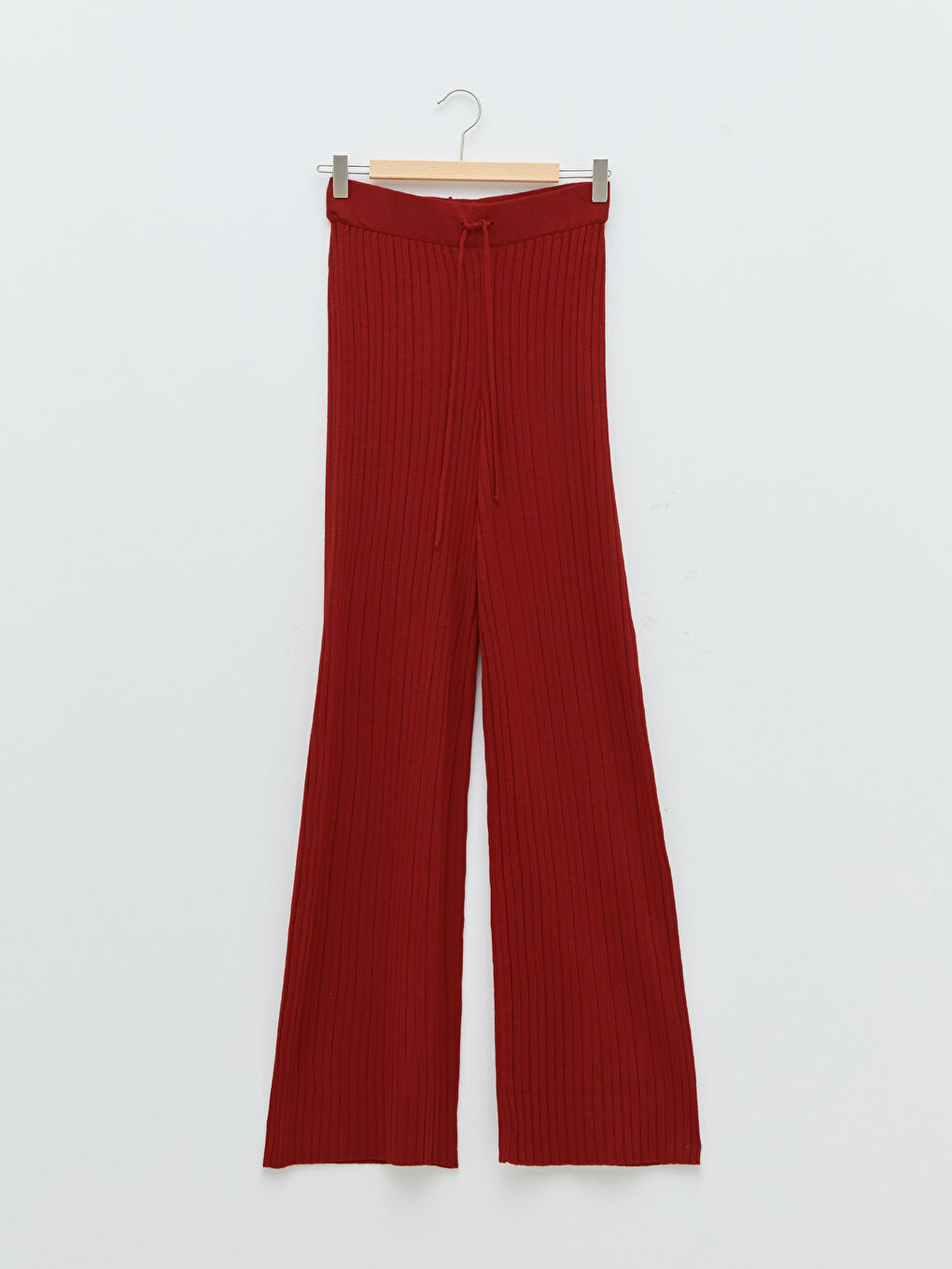 Bordo Yüksek Bel Standart Fit İspanyol Paça Kadın Triko Pantolon-5