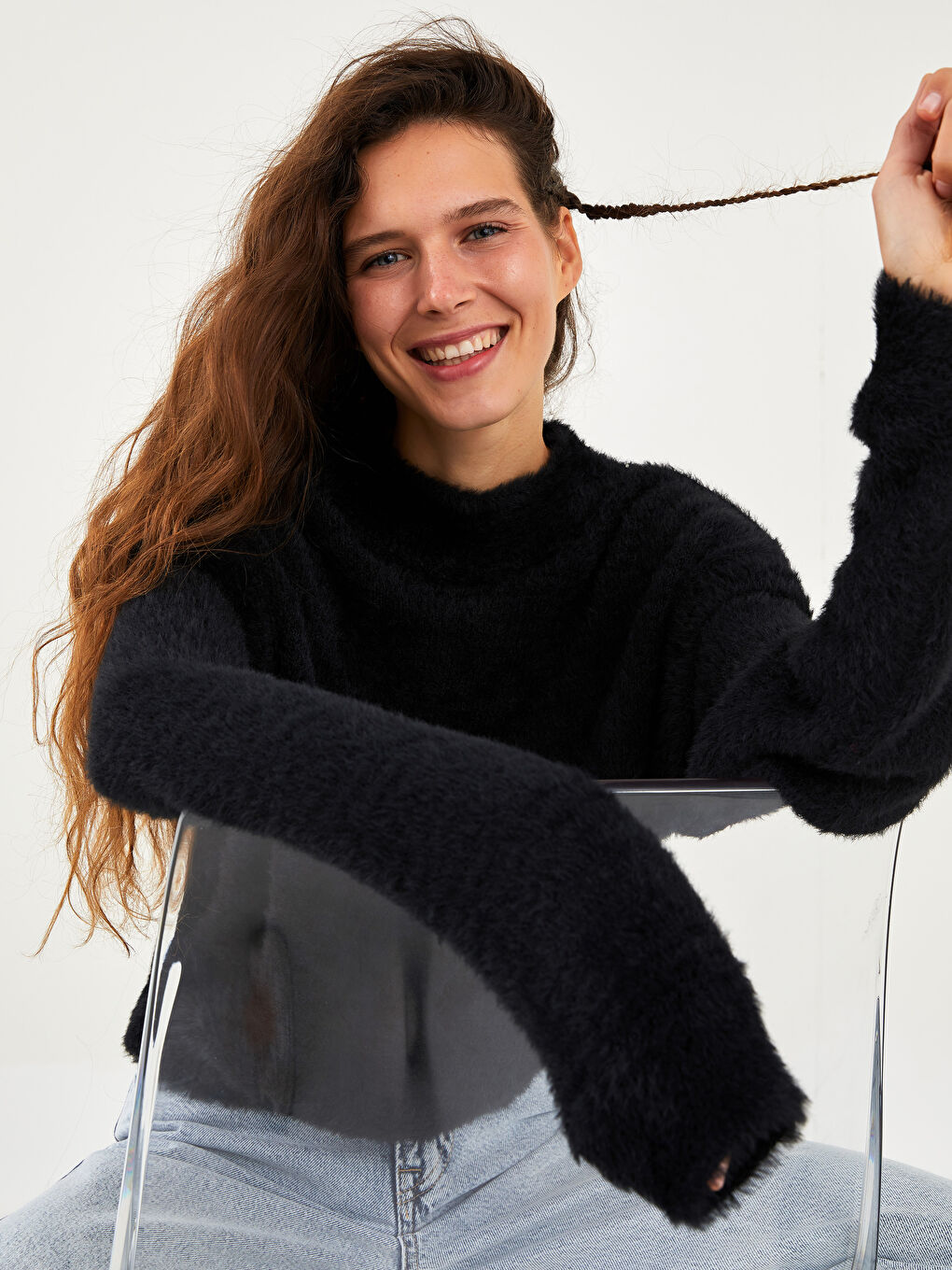 Тік жағалы ұзын жең трикотаж әйелдер жемпір