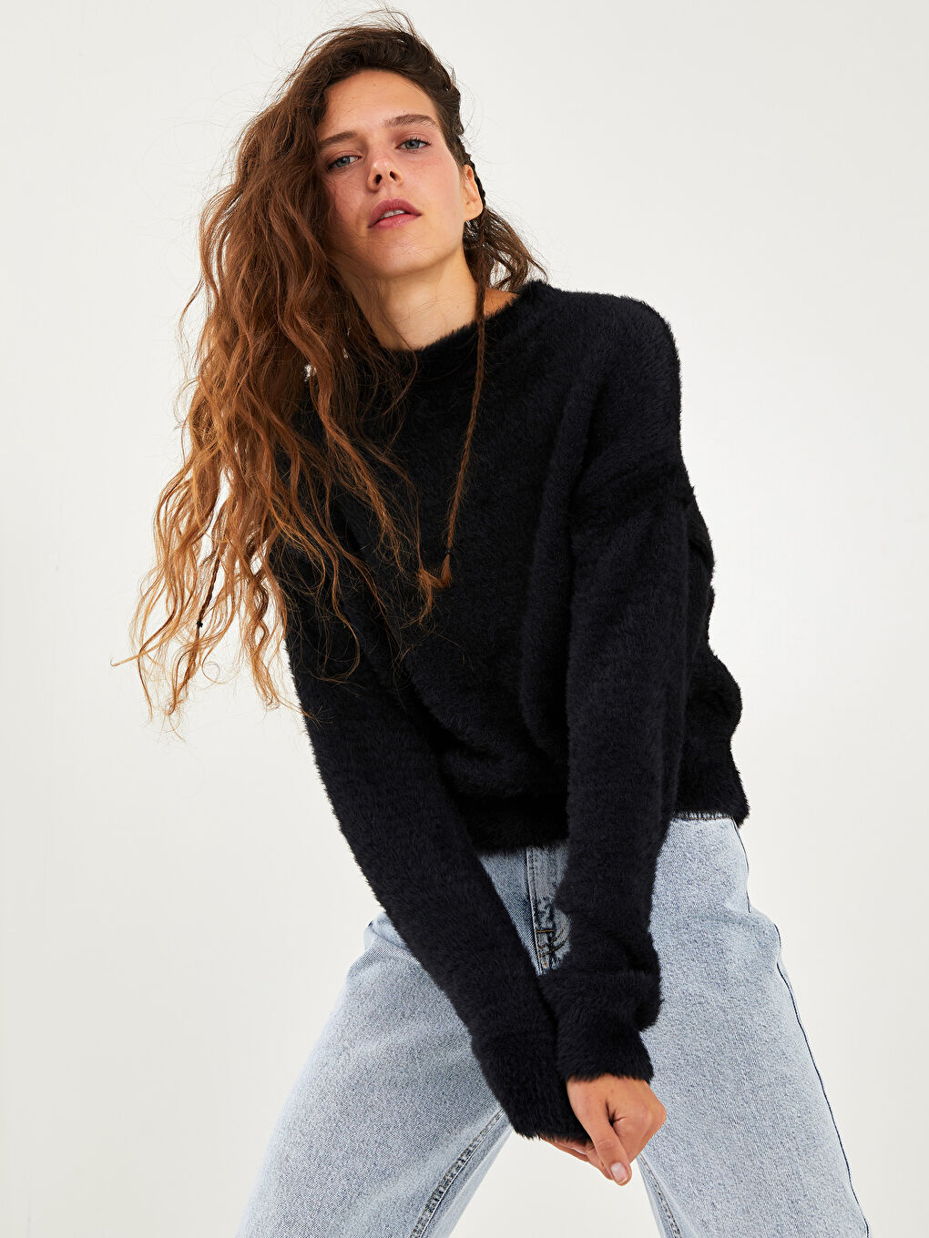 Тік жағалы ұзын жең трикотаж әйелдер жемпір-1