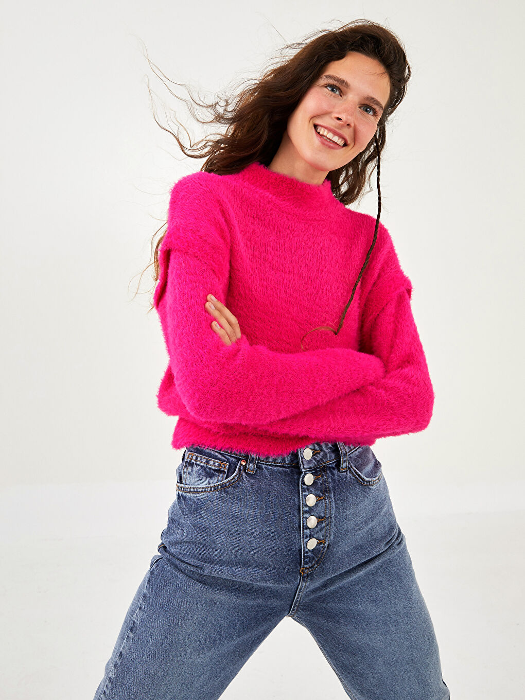 Свитер женский с длинным рукавом и прямым кроем, с воротником-стойкой, трикотажный-1