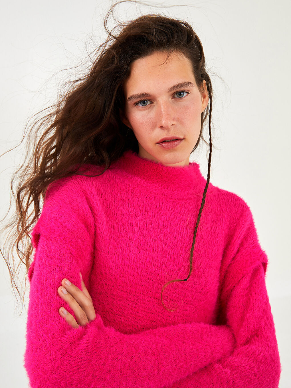 Свитер женский с длинным рукавом и прямым кроем, с воротником-стойкой, трикотажный-2