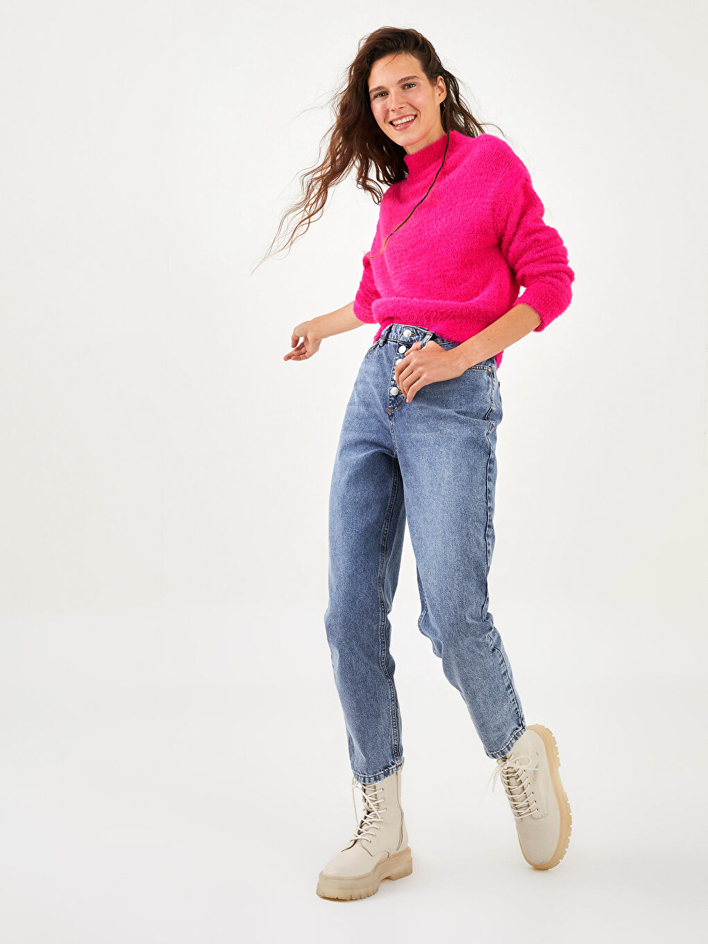 Свитер женский с длинным рукавом и прямым кроем, с воротником-стойкой, трикотажный-3