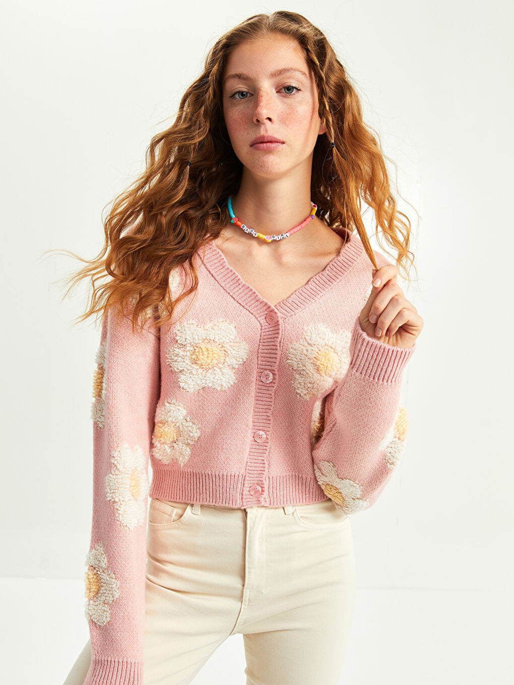 Cardigan Tricotat cu Flori, Mânecă Lungă, Decolteu în V pentru Femei-1