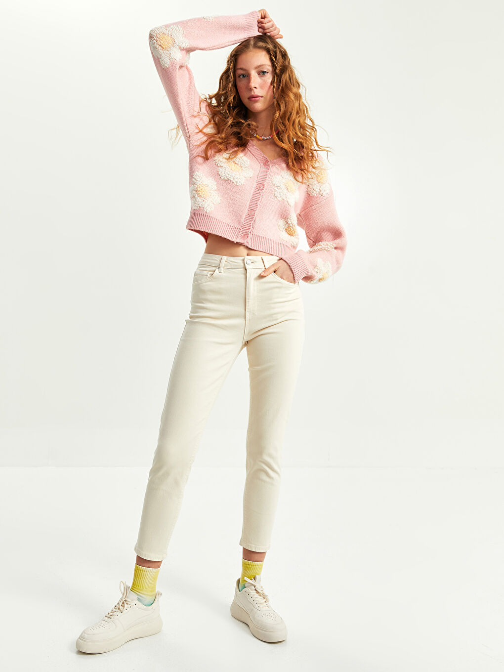 Cardigan Tricotat cu Flori, Mânecă Lungă, Decolteu în V pentru Femei-3