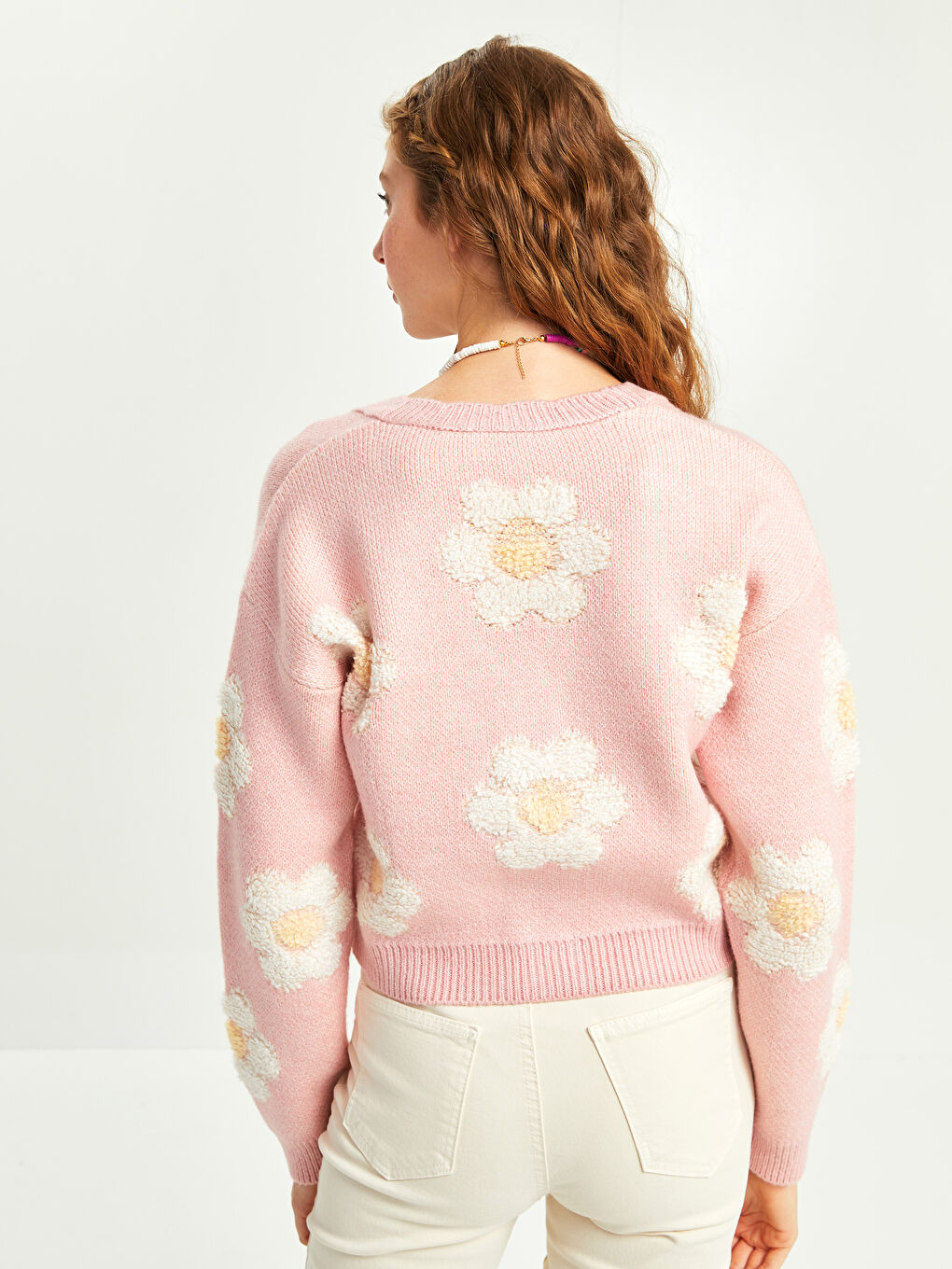 Cardigan Tricotat cu Flori, Mânecă Lungă, Decolteu în V pentru Femei-4