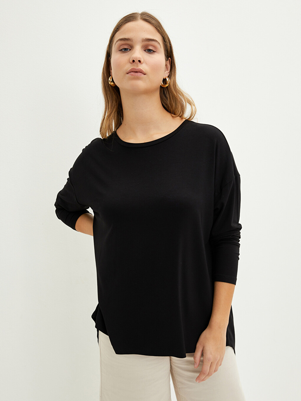 T-shirt pour Femmes Grande Taille Col Rond Droit Manches Longues-1