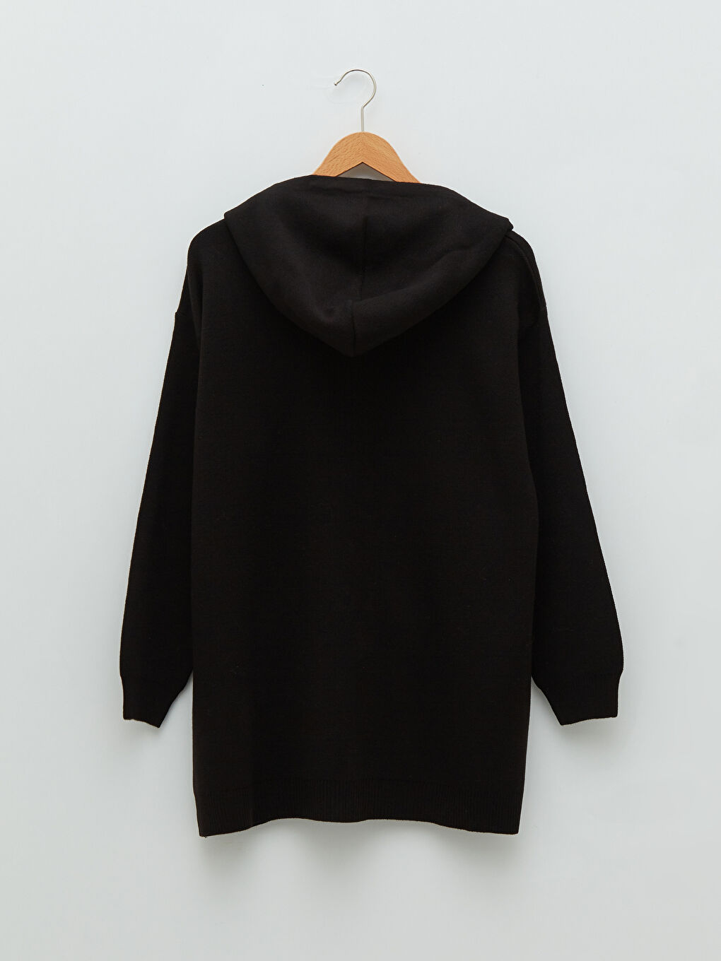 Siyah Büyük Beden Kapüşonlu Düz Uzun Kollu Kadın Triko Hırka-6