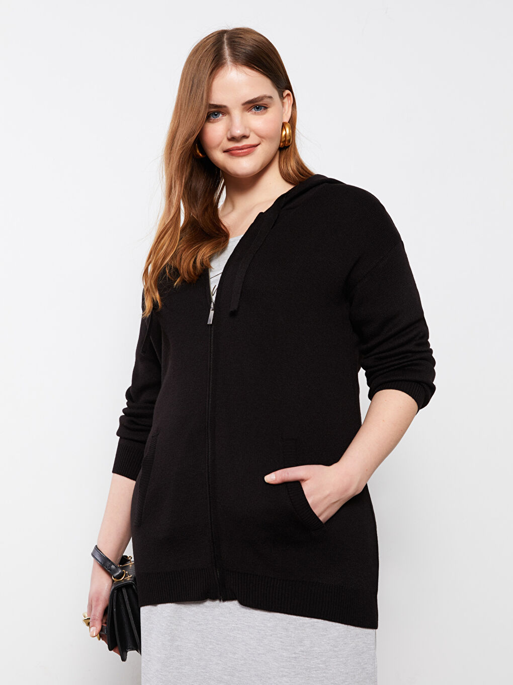 Siyah Büyük Beden Kapüşonlu Düz Uzun Kollu Kadın Triko Hırka