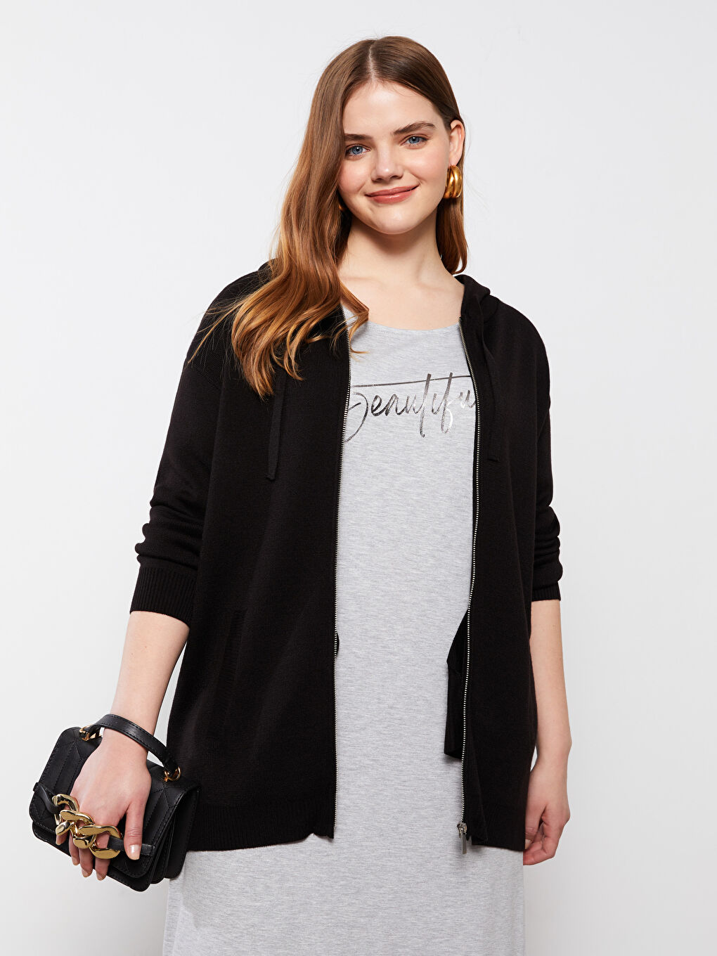 Siyah Büyük Beden Kapüşonlu Düz Uzun Kollu Kadın Triko Hırka-1