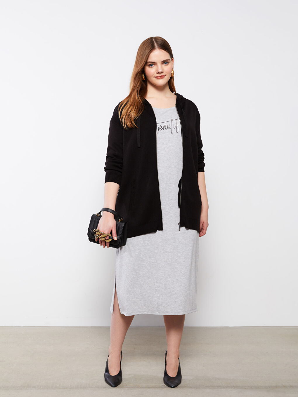 Siyah Büyük Beden Kapüşonlu Düz Uzun Kollu Kadın Triko Hırka-2