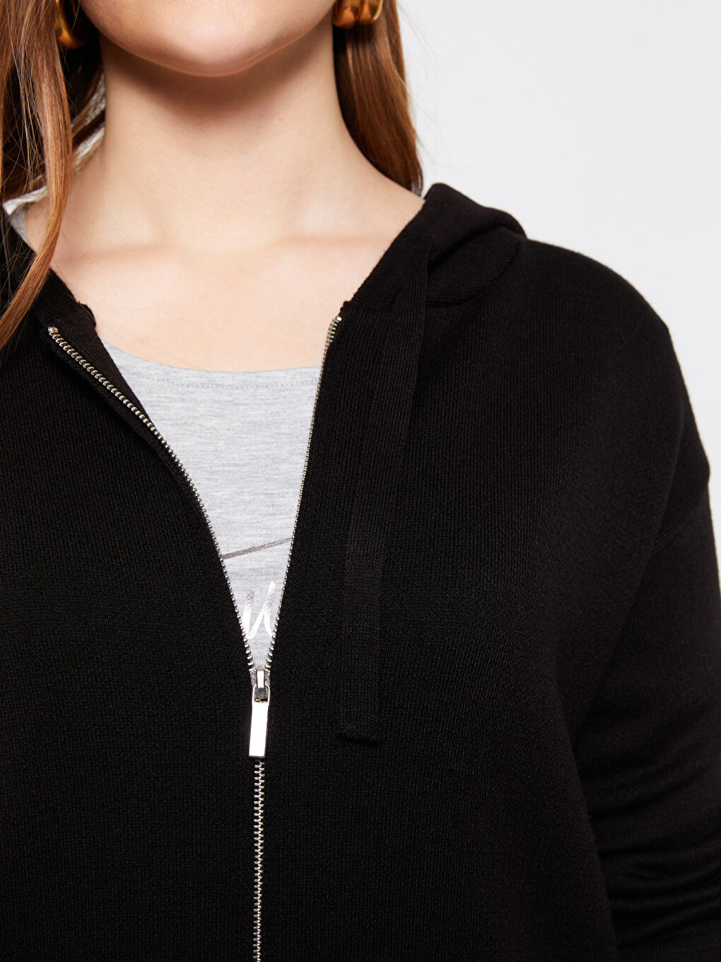 Siyah Büyük Beden Kapüşonlu Düz Uzun Kollu Kadın Triko Hırka-3