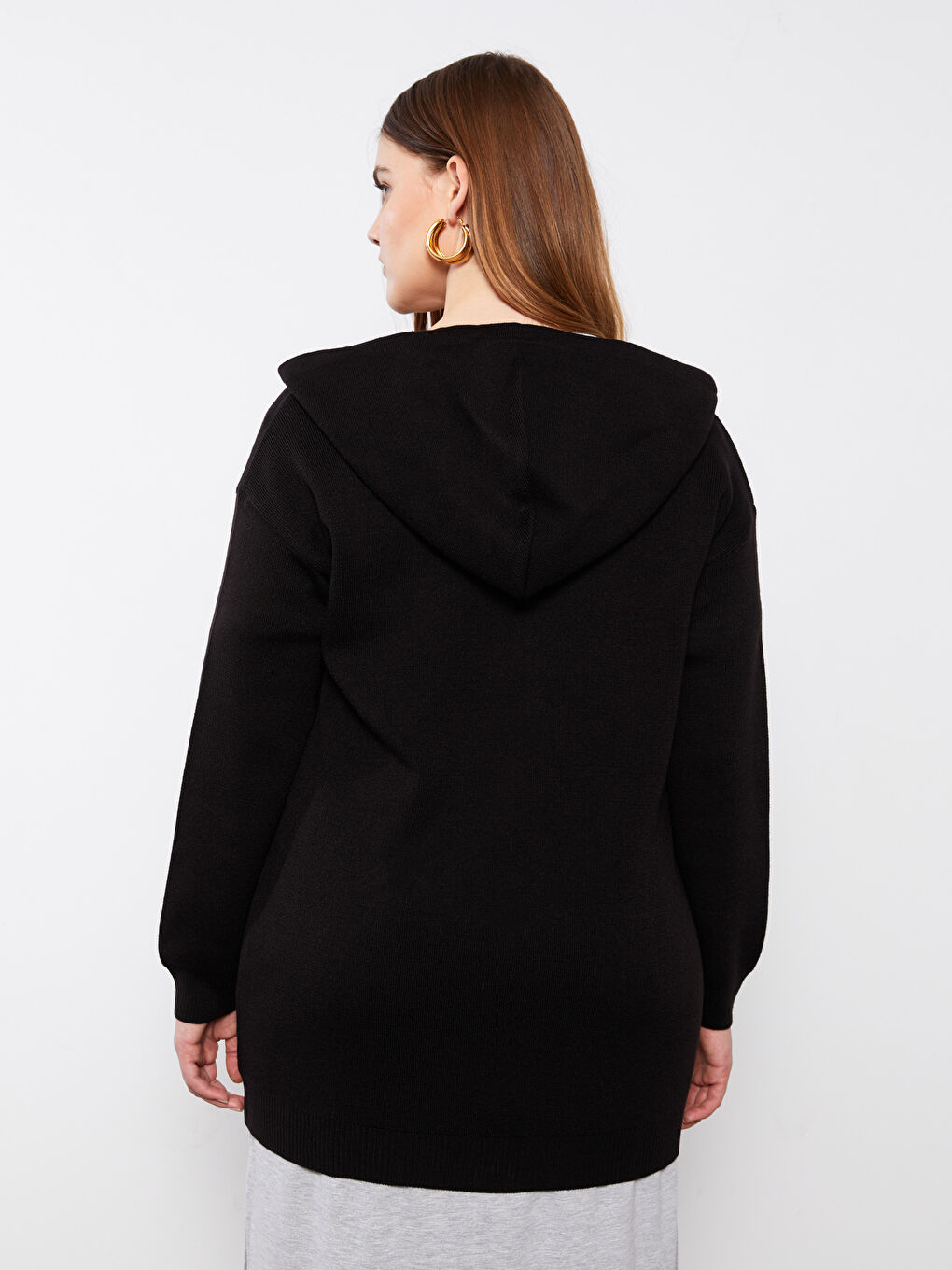 Siyah Büyük Beden Kapüşonlu Düz Uzun Kollu Kadın Triko Hırka-4