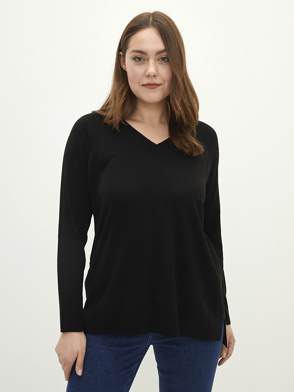 Siyah Büyük Beden V Yaka Düz Uzun Kollu Kadın Triko Kazak
