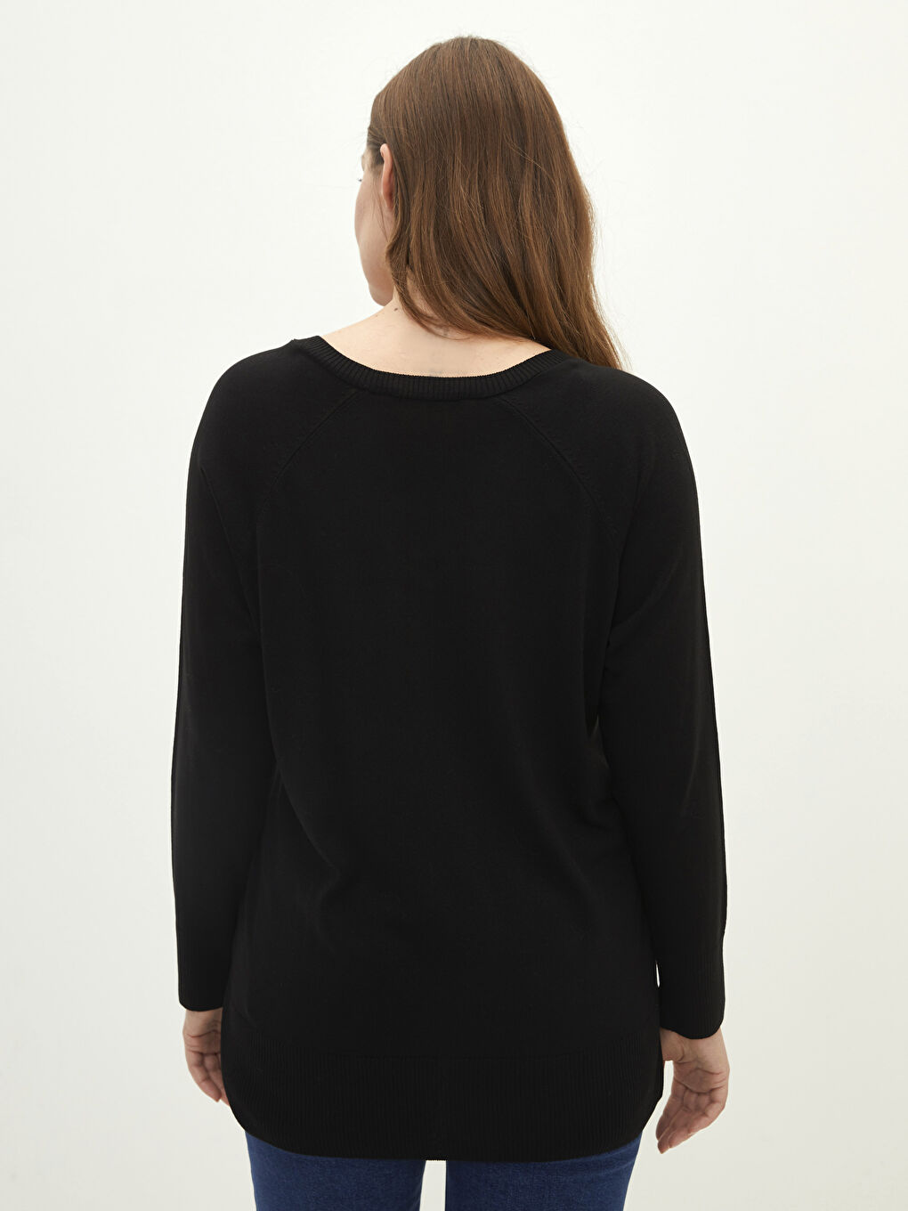 Siyah Büyük Beden V Yaka Düz Uzun Kollu Kadın Triko Kazak-4