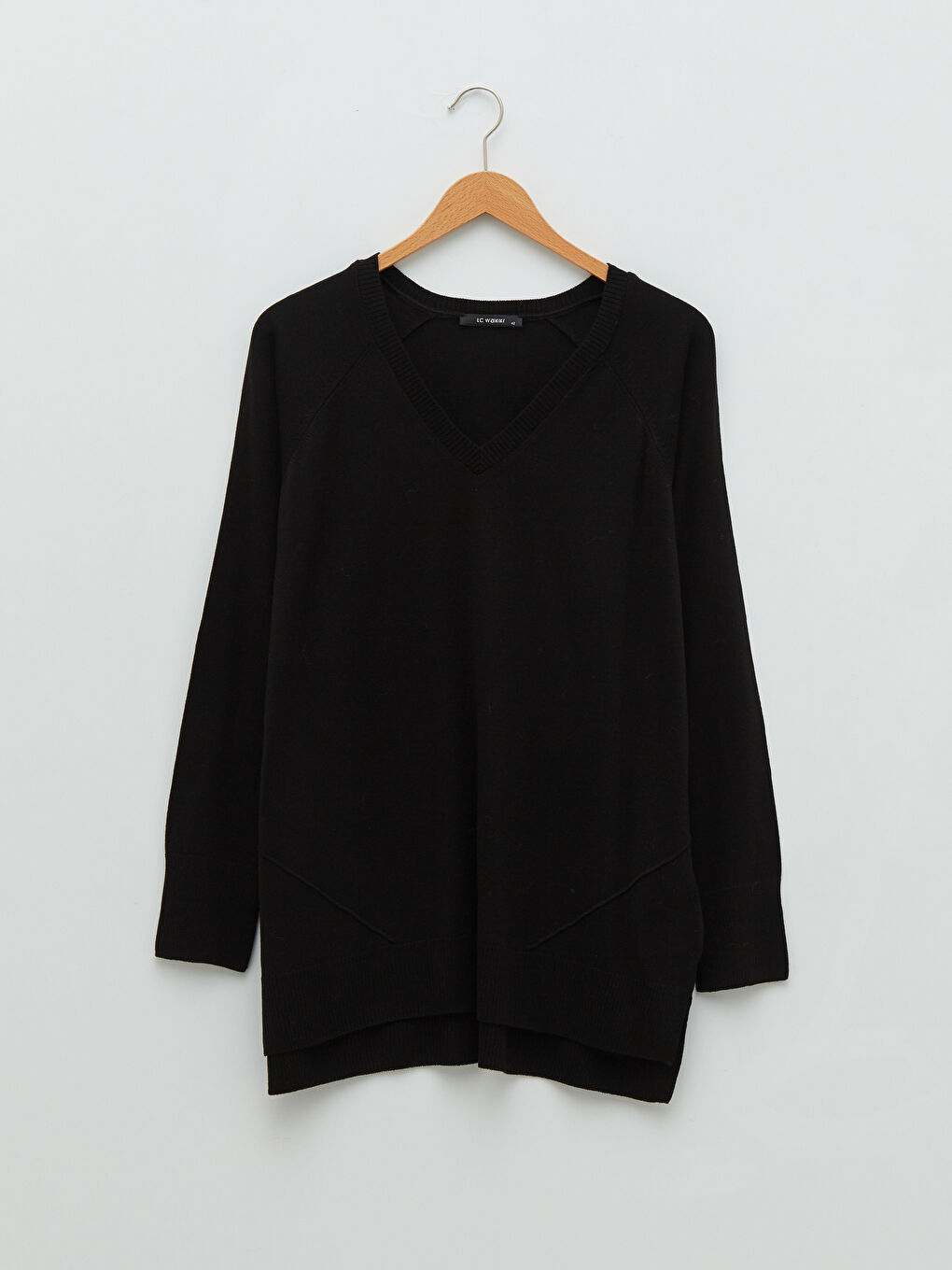 Siyah Büyük Beden V Yaka Düz Uzun Kollu Kadın Triko Kazak-5