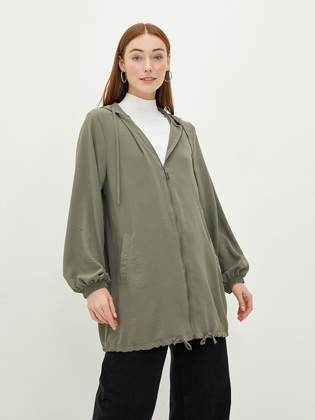 Hooded Plain Long Sleeve Crepe Fabric Women's Cardigan