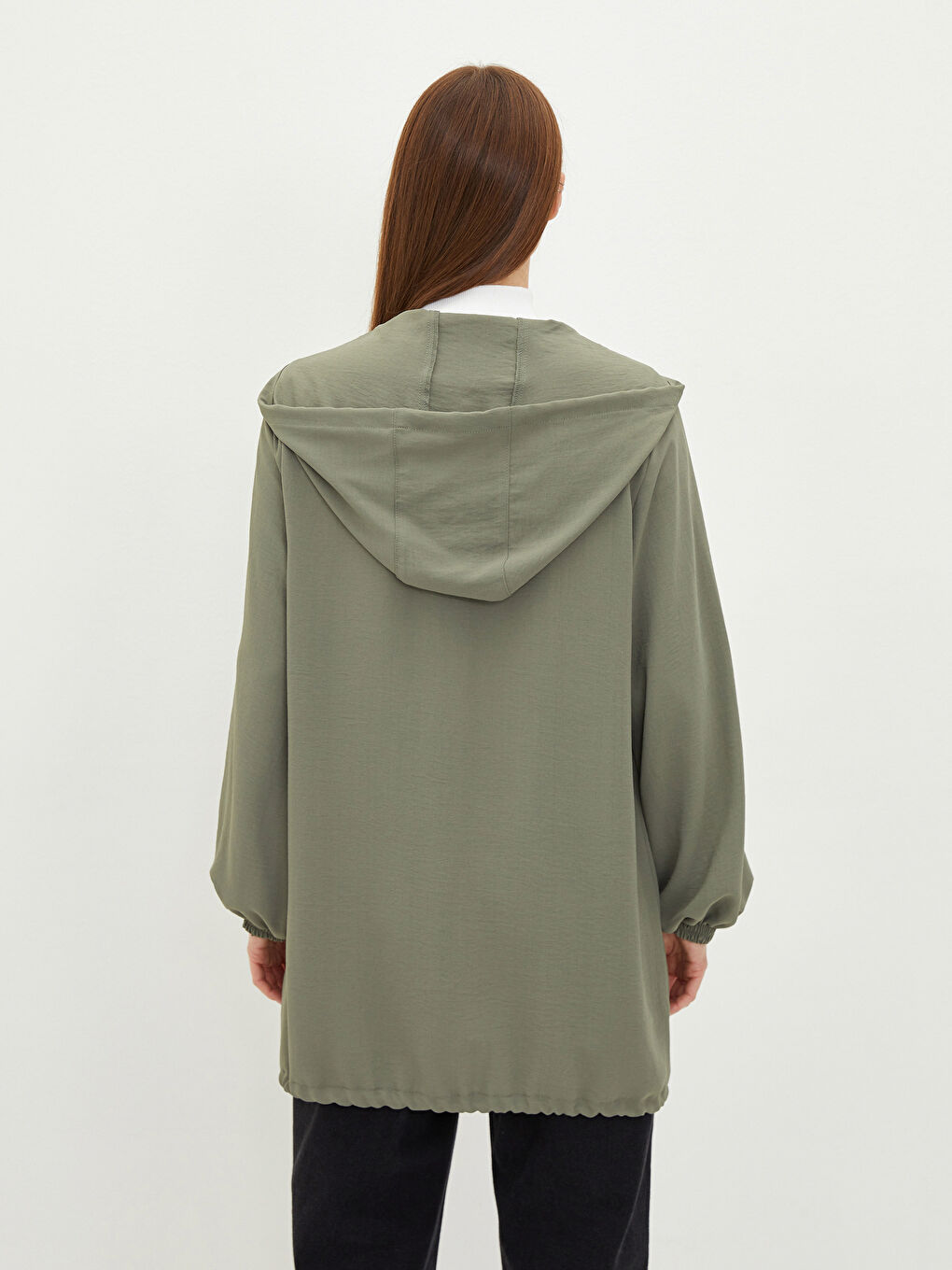 Hooded Plain Long Sleeve Crepe Fabric Women's Cardigan-3