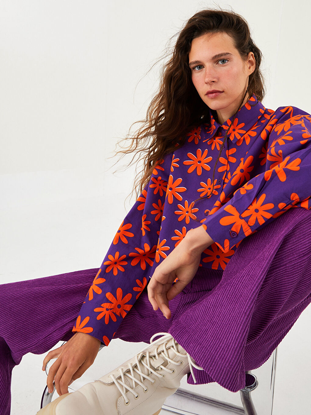 Front Button Closure Floral Long Sleeve Poplin Women's Shirt