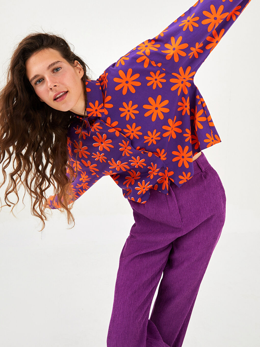 Front Button Closure Floral Long Sleeve Poplin Women's Shirt-1