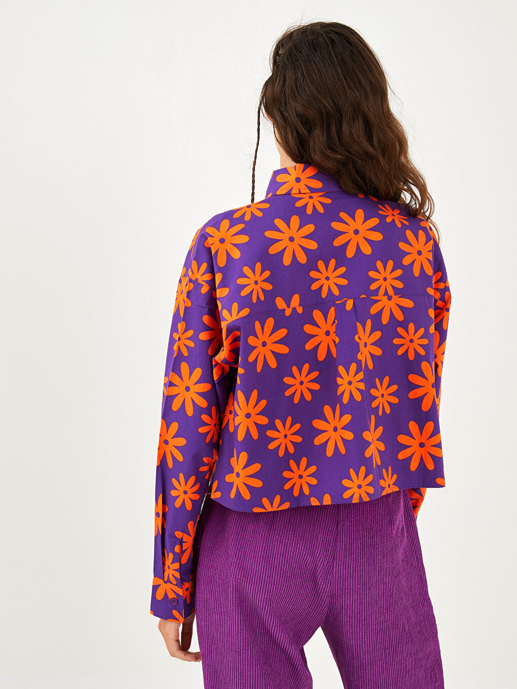 Front Button Closure Floral Long Sleeve Poplin Women's Shirt-4