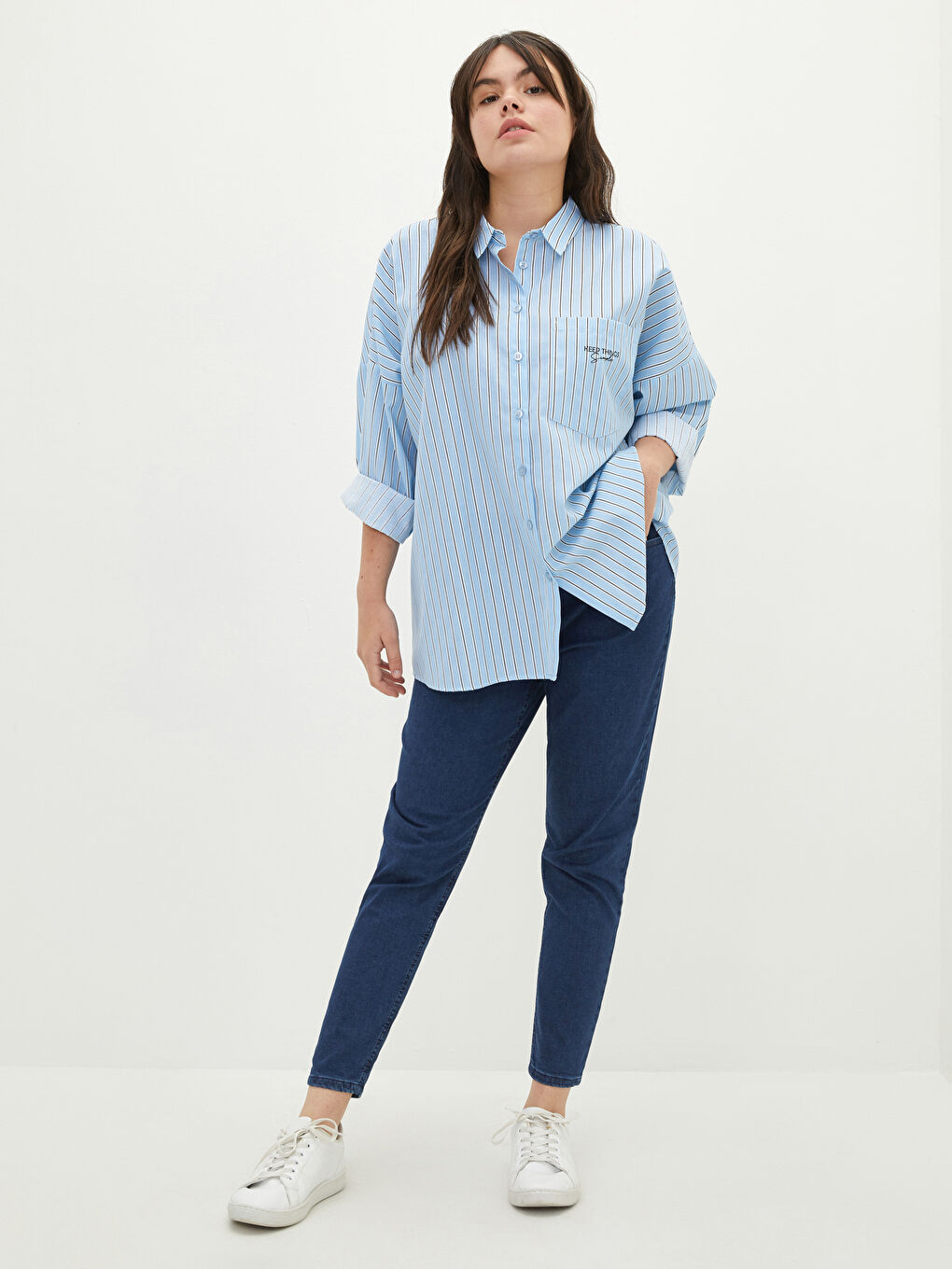 Large Size Front Button Closure Striped Long Sleeve Poplin Women's Shirt -W1IQ20Z8-LEN