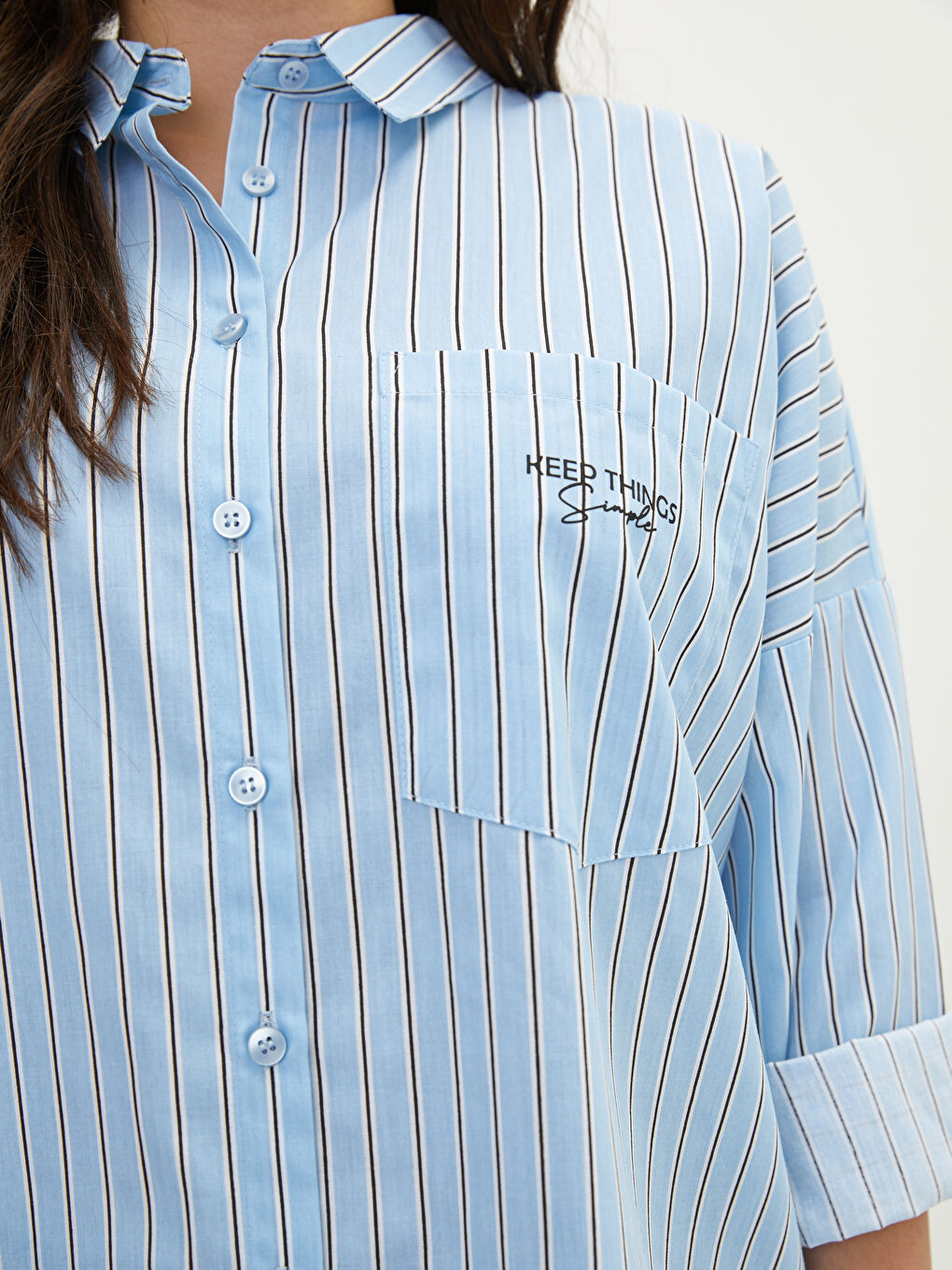 Large Size Front Button Closure Striped Long Sleeve Poplin Women's Shirt -W1IQ20Z8-LEN