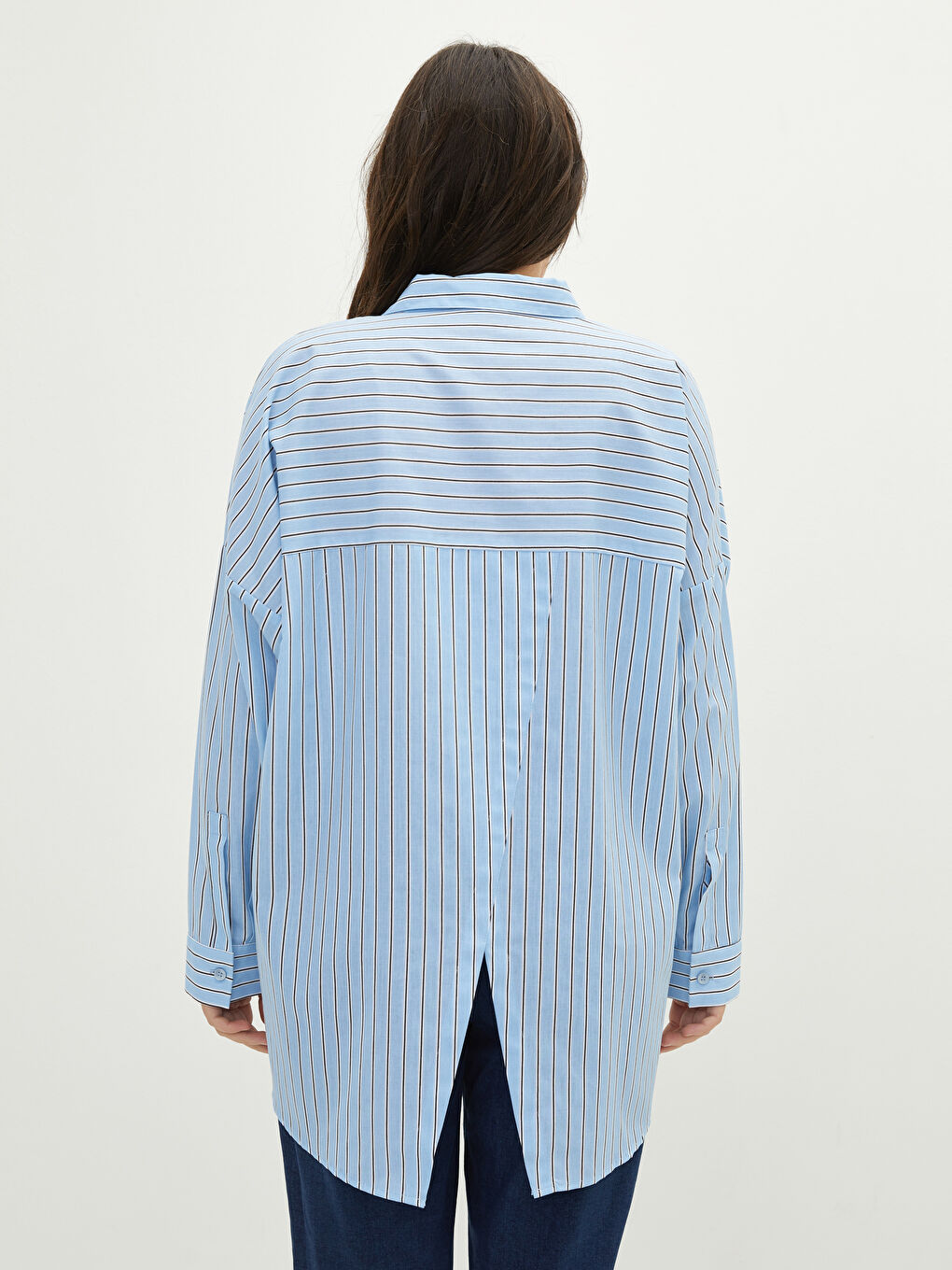 Large Size Front Button Closure Striped Long Sleeve Poplin Women's Shirt -W1IQ20Z8-LEN