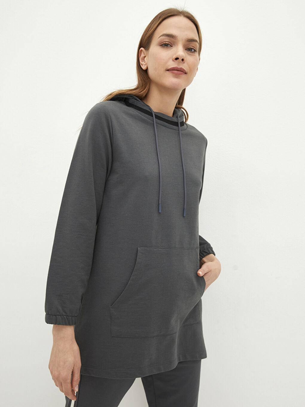 Gri Kapüşonlu Düz Uzun Kollu Kadın Sweatshirt Tunik