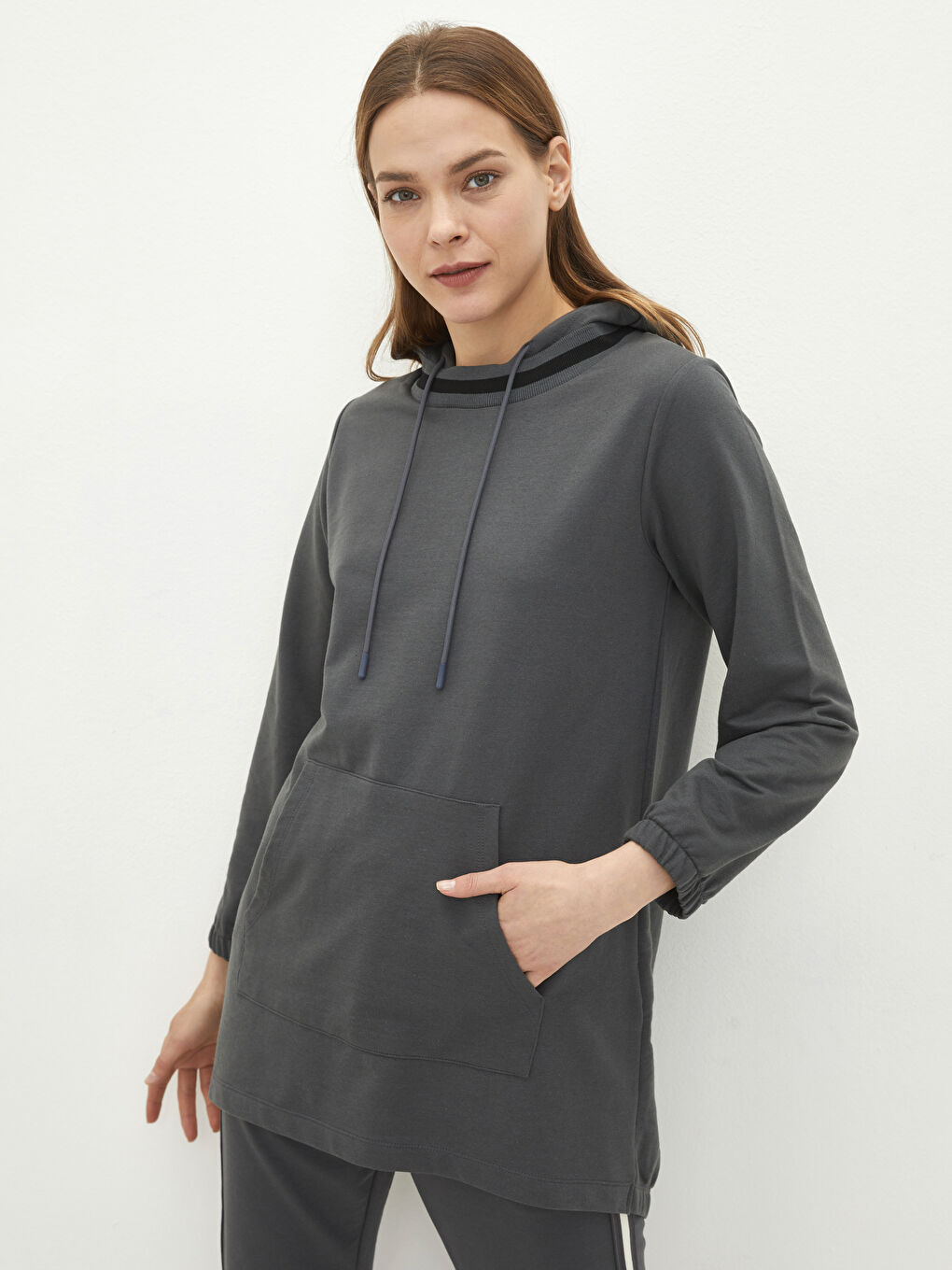 Gri Kapüşonlu Düz Uzun Kollu Kadın Sweatshirt Tunik-1
