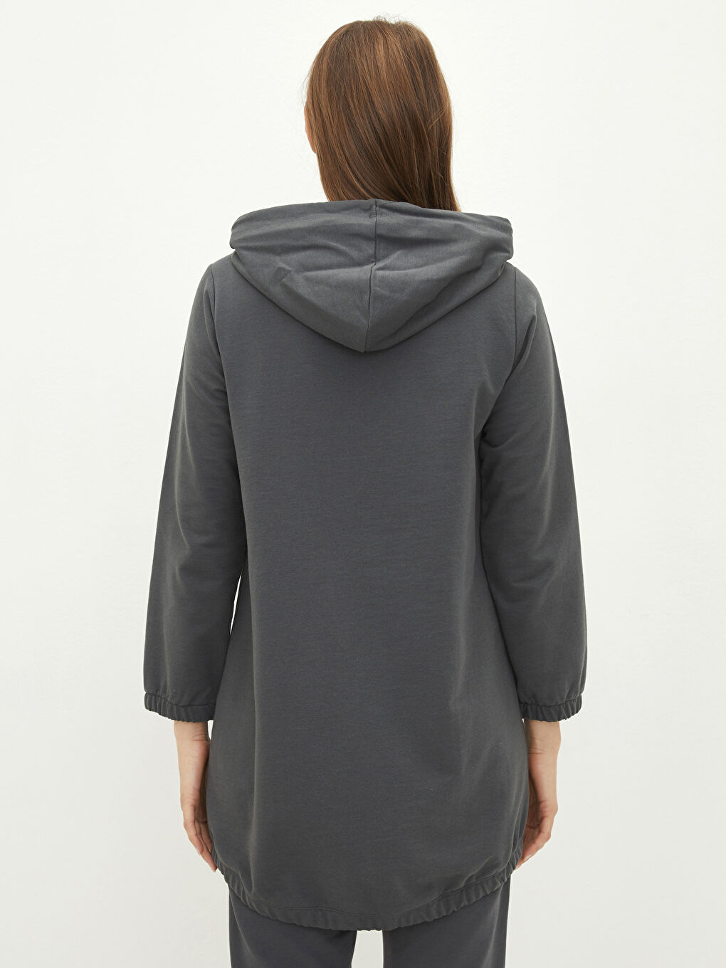 Gri Kapüşonlu Düz Uzun Kollu Kadın Sweatshirt Tunik-5