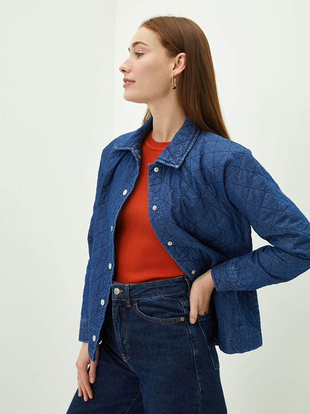 İndigo Gömlek Yaka Kapitone Desenli Cep Detaylı Uzun Kollu Kadın Jean Ceket