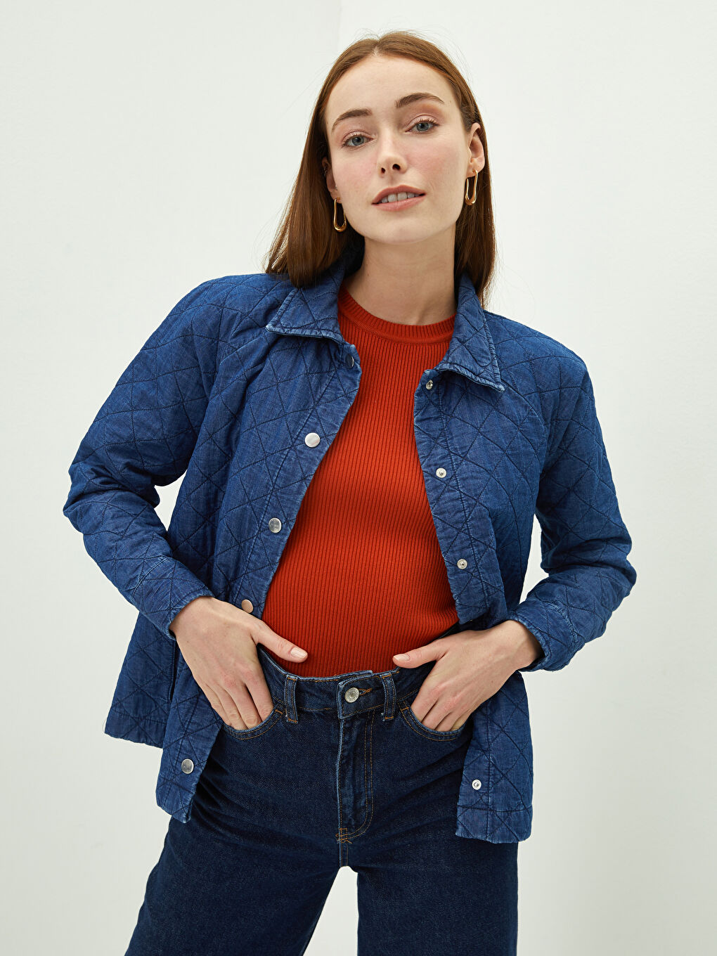 İndigo Gömlek Yaka Kapitone Desenli Cep Detaylı Uzun Kollu Kadın Jean Ceket-1