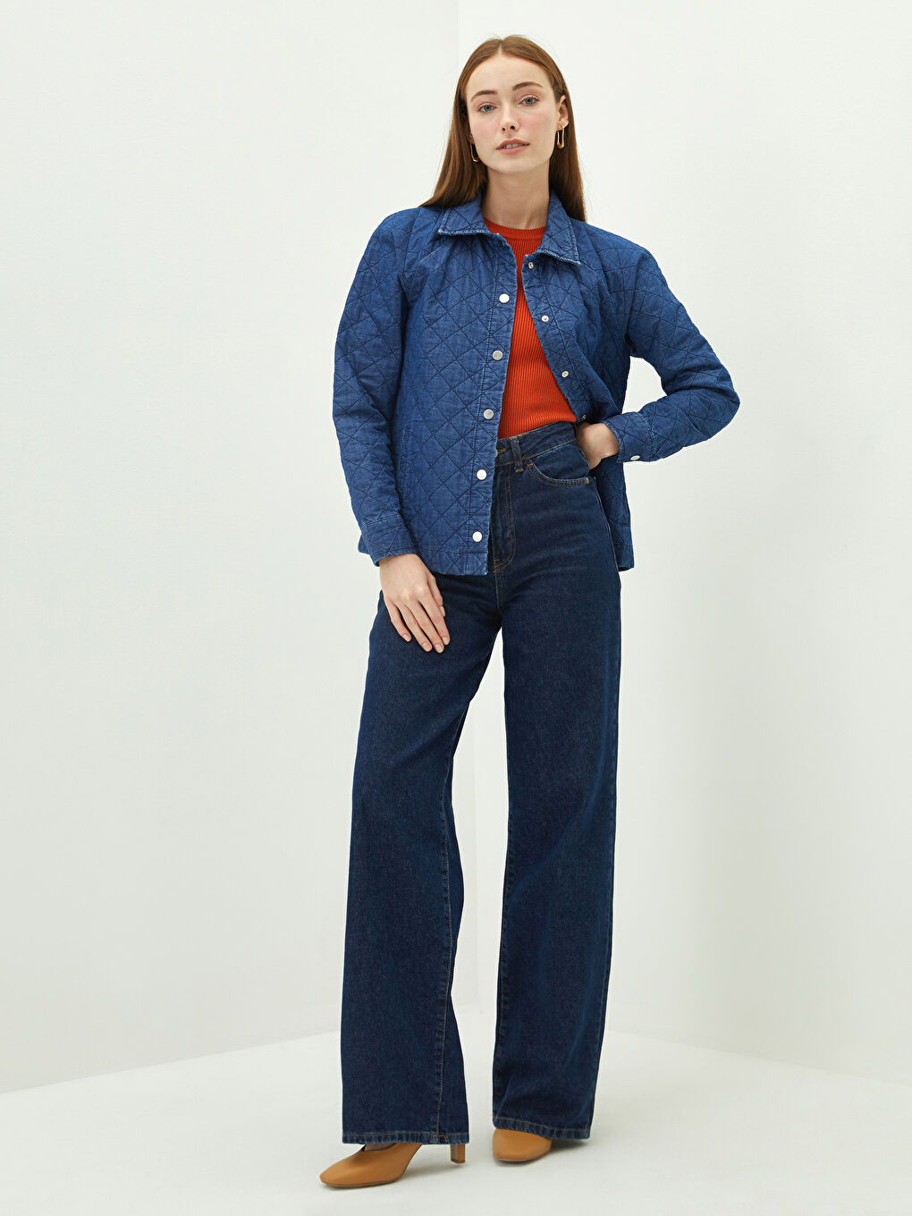 İndigo Gömlek Yaka Kapitone Desenli Cep Detaylı Uzun Kollu Kadın Jean Ceket-2