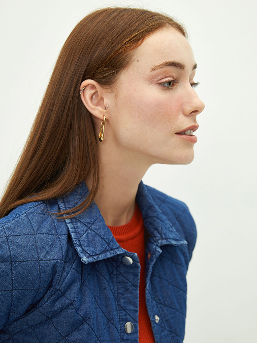 İndigo Gömlek Yaka Kapitone Desenli Cep Detaylı Uzun Kollu Kadın Jean Ceket-3