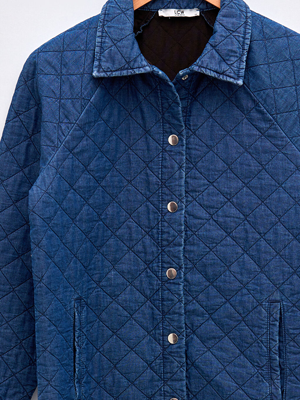 İndigo Gömlek Yaka Kapitone Desenli Cep Detaylı Uzun Kollu Kadın Jean Ceket-7