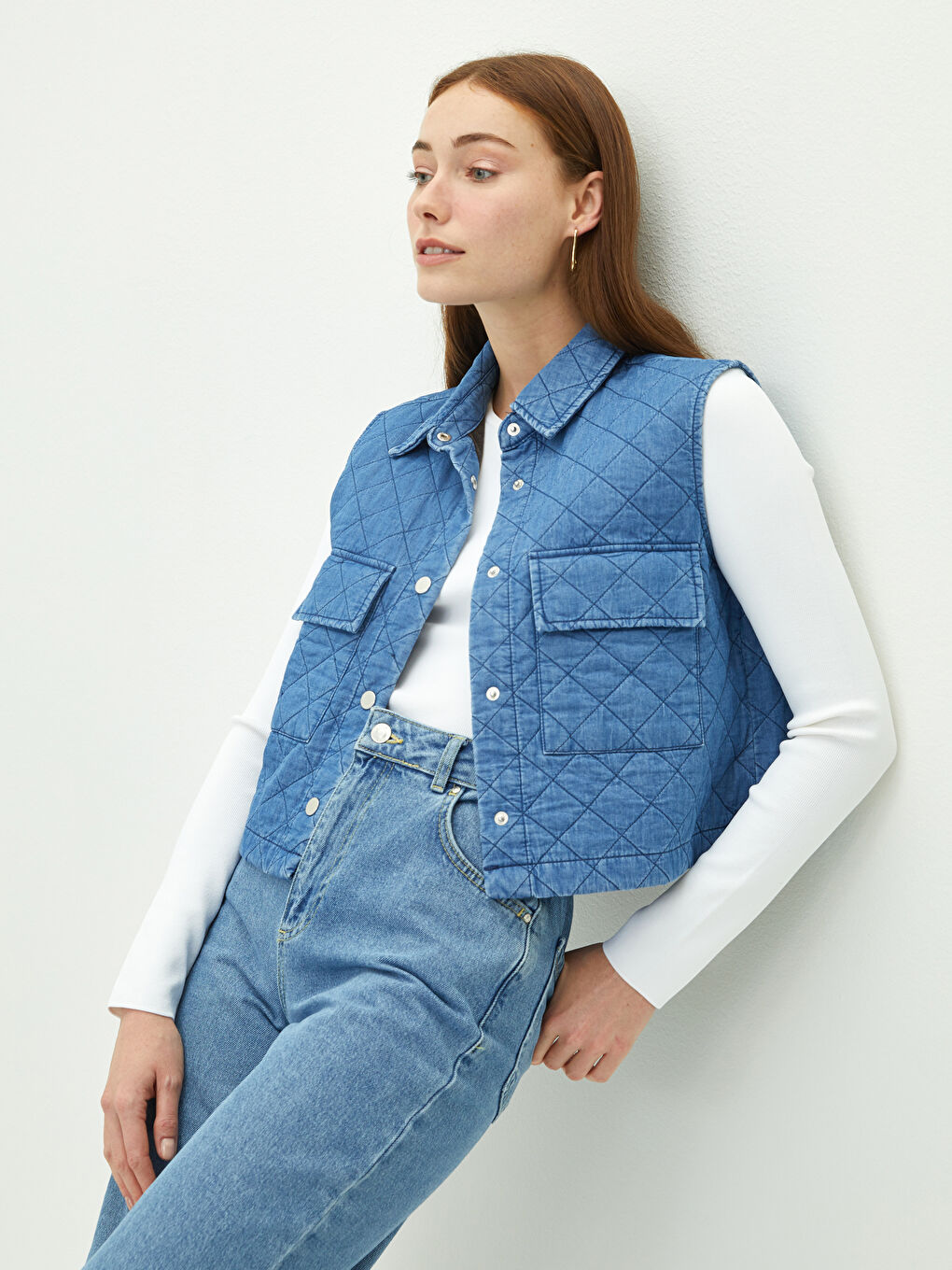 Vestă din Denim Matlasată din Bumbac pentru Femei cu Guler de Cămașă