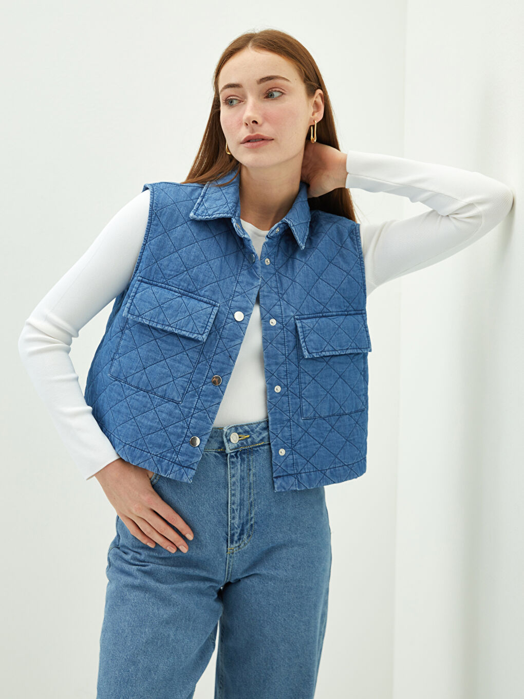 Vestă din Denim Matlasată din Bumbac pentru Femei cu Guler de Cămașă-1