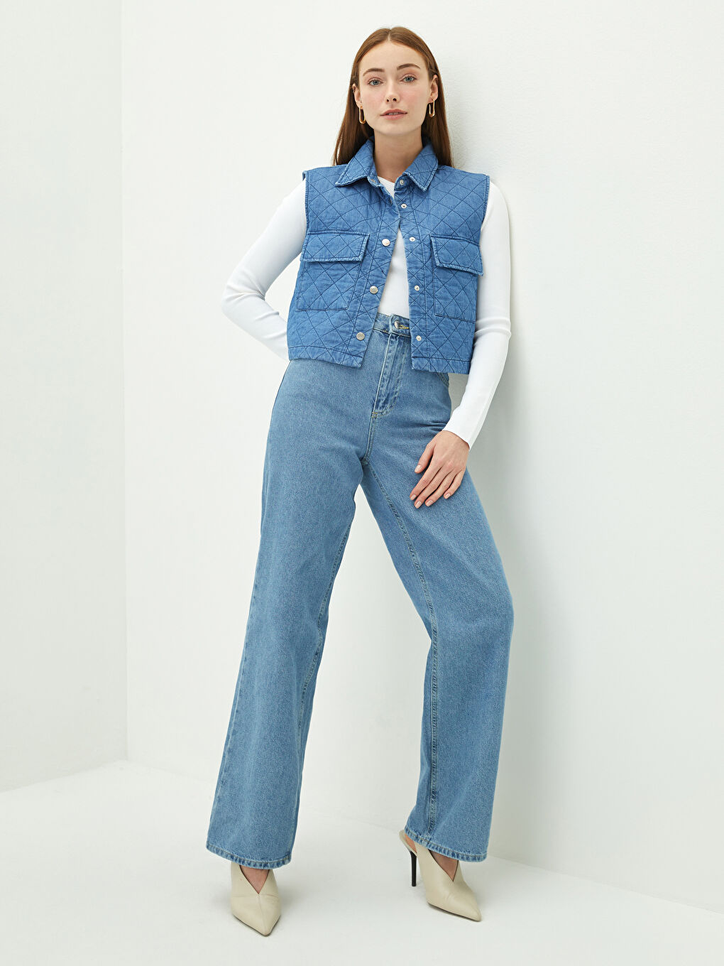 Vestă din Denim Matlasată din Bumbac pentru Femei cu Guler de Cămașă-2