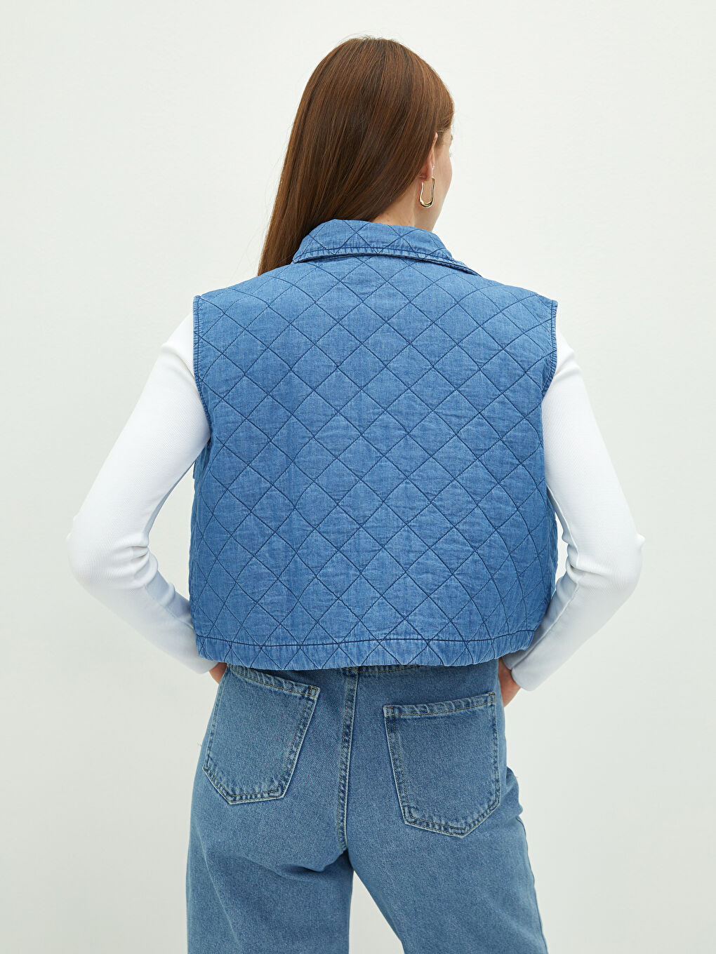 Vestă din Denim Matlasată din Bumbac pentru Femei cu Guler de Cămașă-4