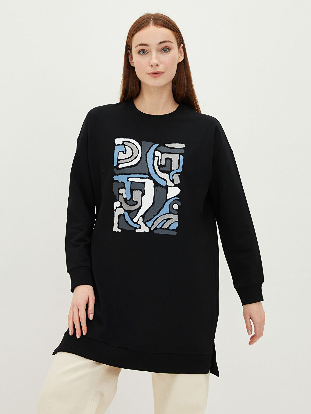 Siyah Bisiklet Yaka Baskılı Uzun Kollu Kadın Sweatshirt Tunik