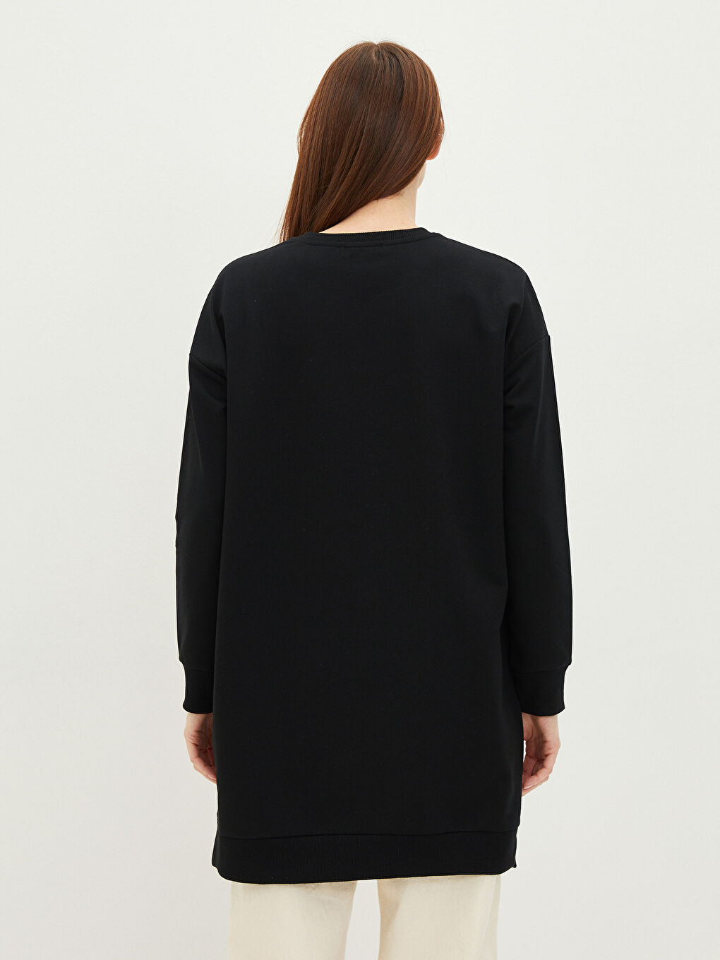 Siyah Bisiklet Yaka Baskılı Uzun Kollu Kadın Sweatshirt Tunik-3