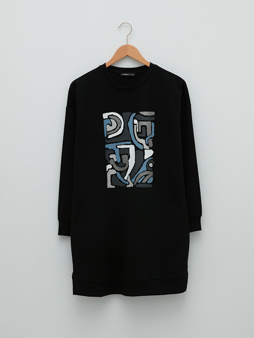 Siyah Bisiklet Yaka Baskılı Uzun Kollu Kadın Sweatshirt Tunik-4