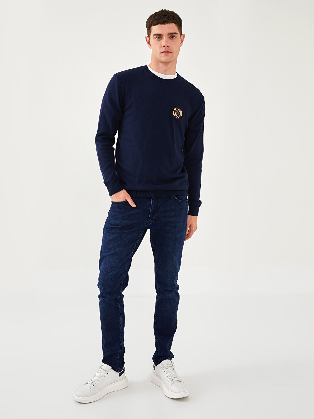 Pulover Tricotat cu Mâneci Lungi Imprimate pentru Bărbați cu Guler Rotund-3