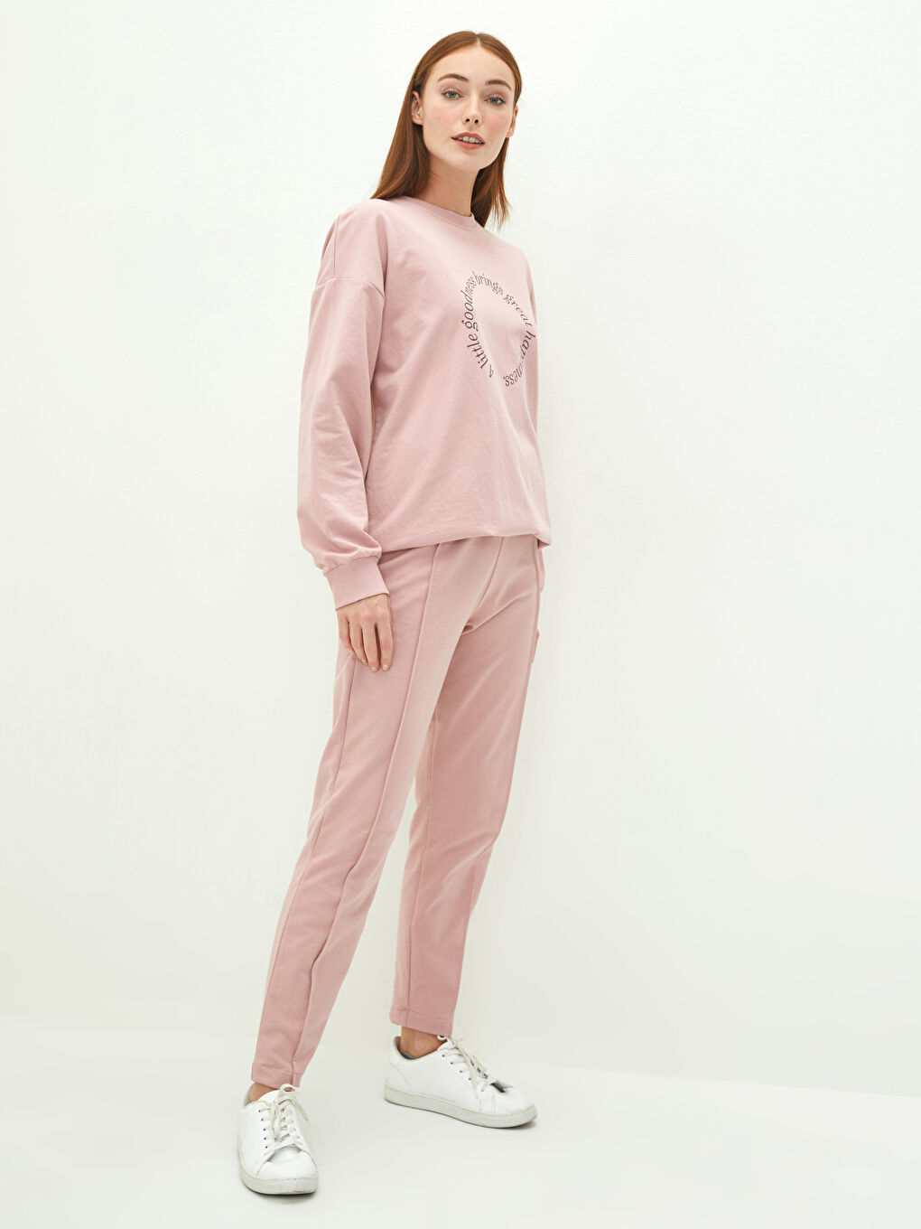 Pembe Kadın Beli Lastikli Düz Eşofman Altı