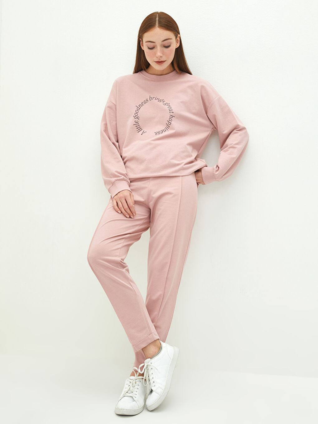 Pembe Kadın Beli Lastikli Düz Eşofman Altı-1