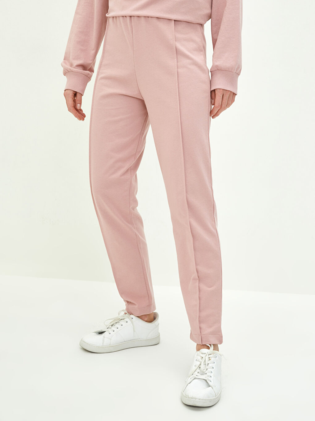 Pembe Kadın Beli Lastikli Düz Eşofman Altı-2