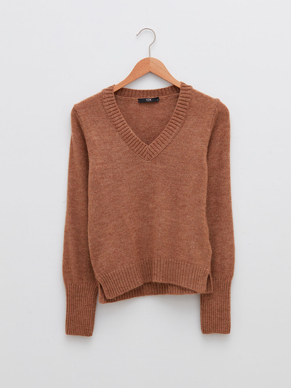 Bej V Yaka Düz Uzun Kollu Kadın Triko Kazak-5