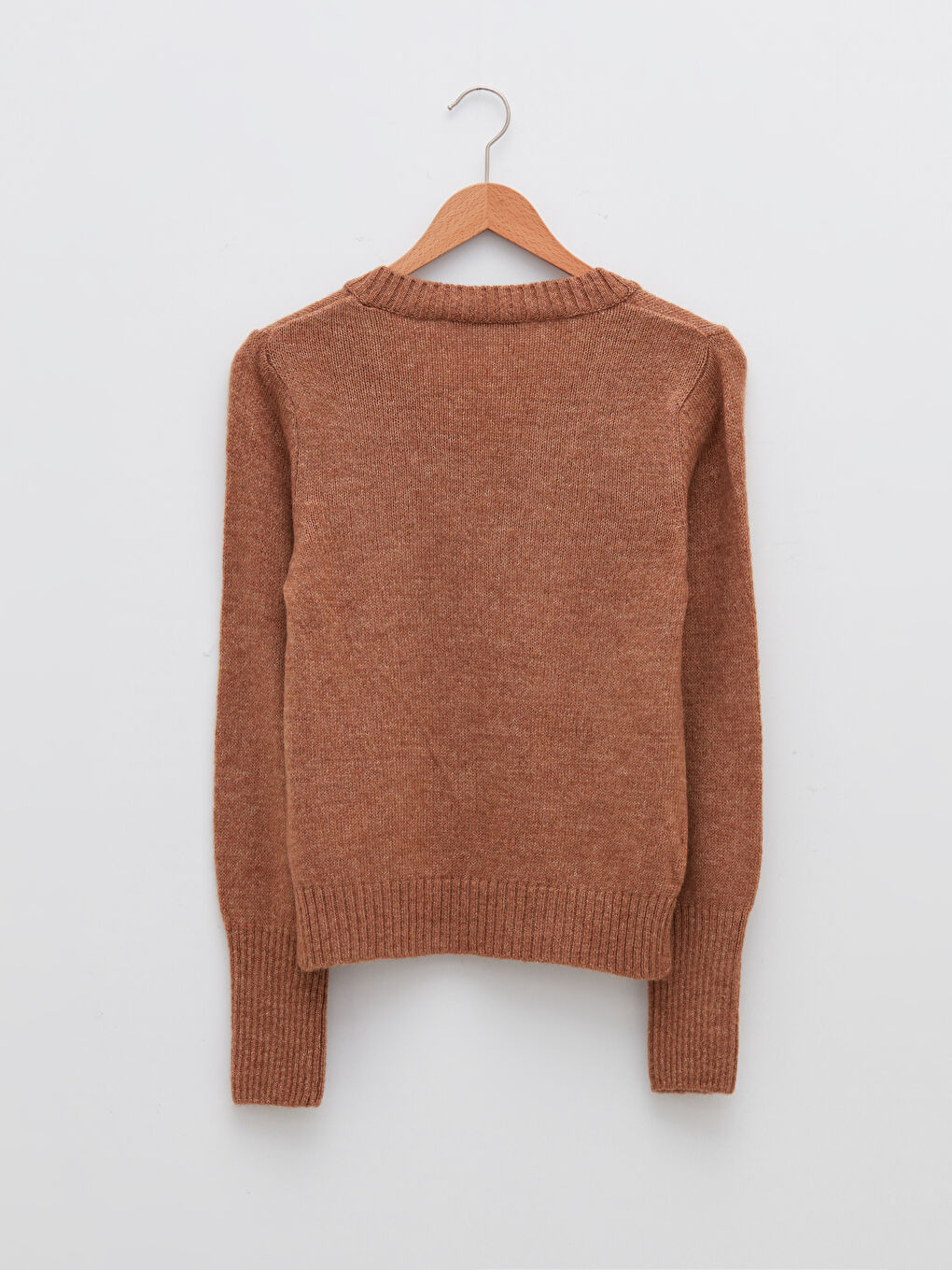 Bej V Yaka Düz Uzun Kollu Kadın Triko Kazak-6