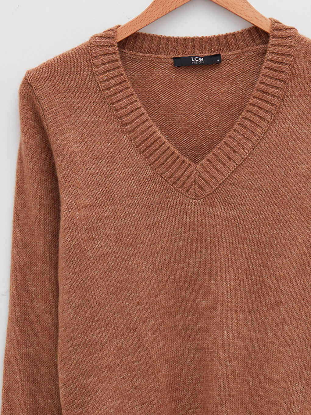 Bej V Yaka Düz Uzun Kollu Kadın Triko Kazak-7